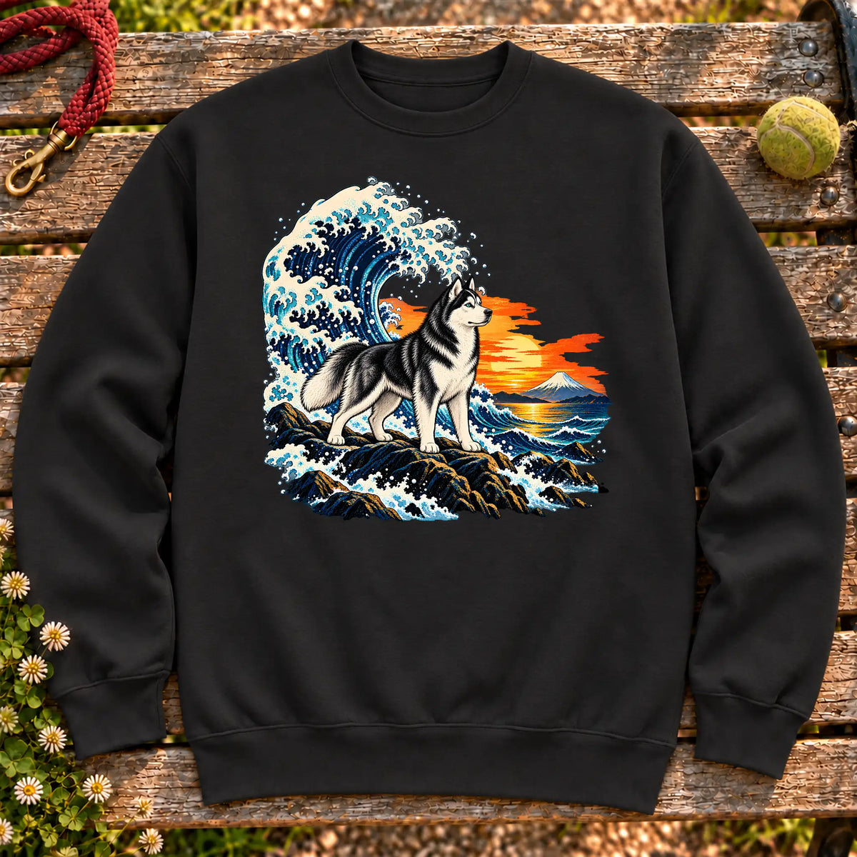 Husky dog with ocean waves, sunset and Mount Fuji on a Black Gildan crewneck sweatshirt