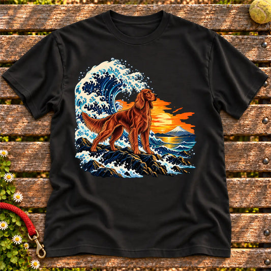 Irish Setter dog with ocean waves, sunset and Mount Fuji on a Black Gildan T-shirt