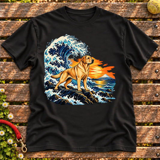 Labrador Retriever dog with ocean waves, sunset and Mount Fuji on a Black Gildan T-shirt