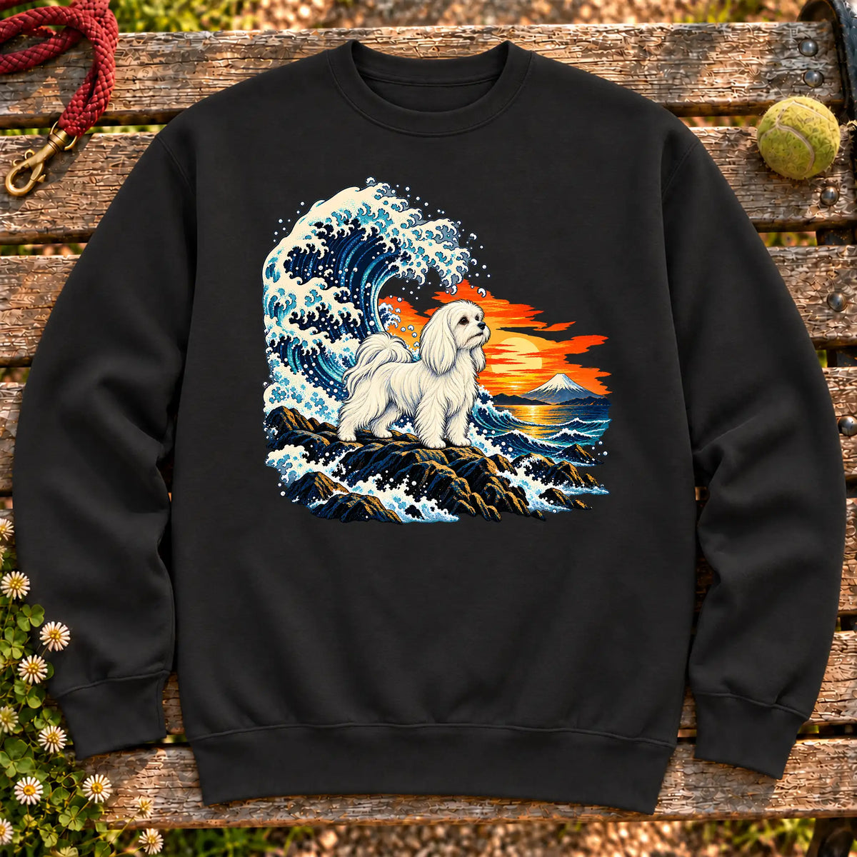 Maltese dog with ocean waves, sunset and Mount Fuji on a Black Gildan crewneck sweatshirt