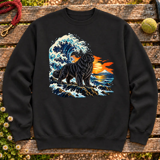 Newfie dog with ocean waves, sunset and Mount Fuji on a Black Gildan crewneck sweatshirt