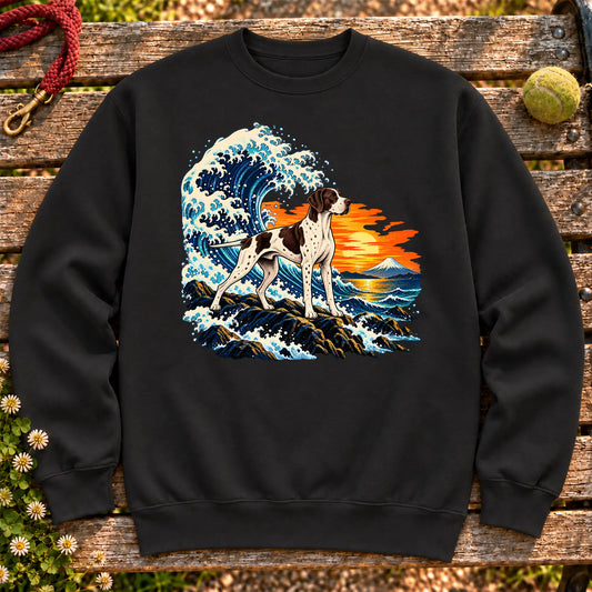 Pointer dog with ocean waves, sunset and Mount Fuji on a Black Gildan crewneck sweatshirt