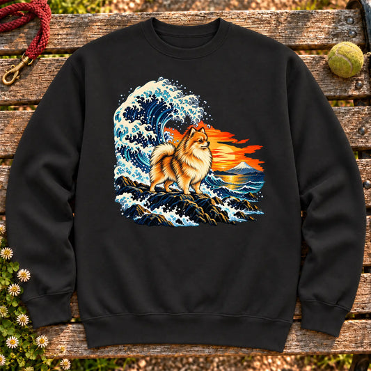 Pomeranian dog with ocean waves, sunset and Mount Fuji on a Black Gildan crewneck sweatshirt