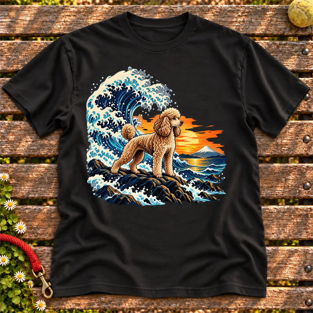 Poodle dog with ocean waves, sunset and Mount Fuji on a Black Gildan T-shirt
