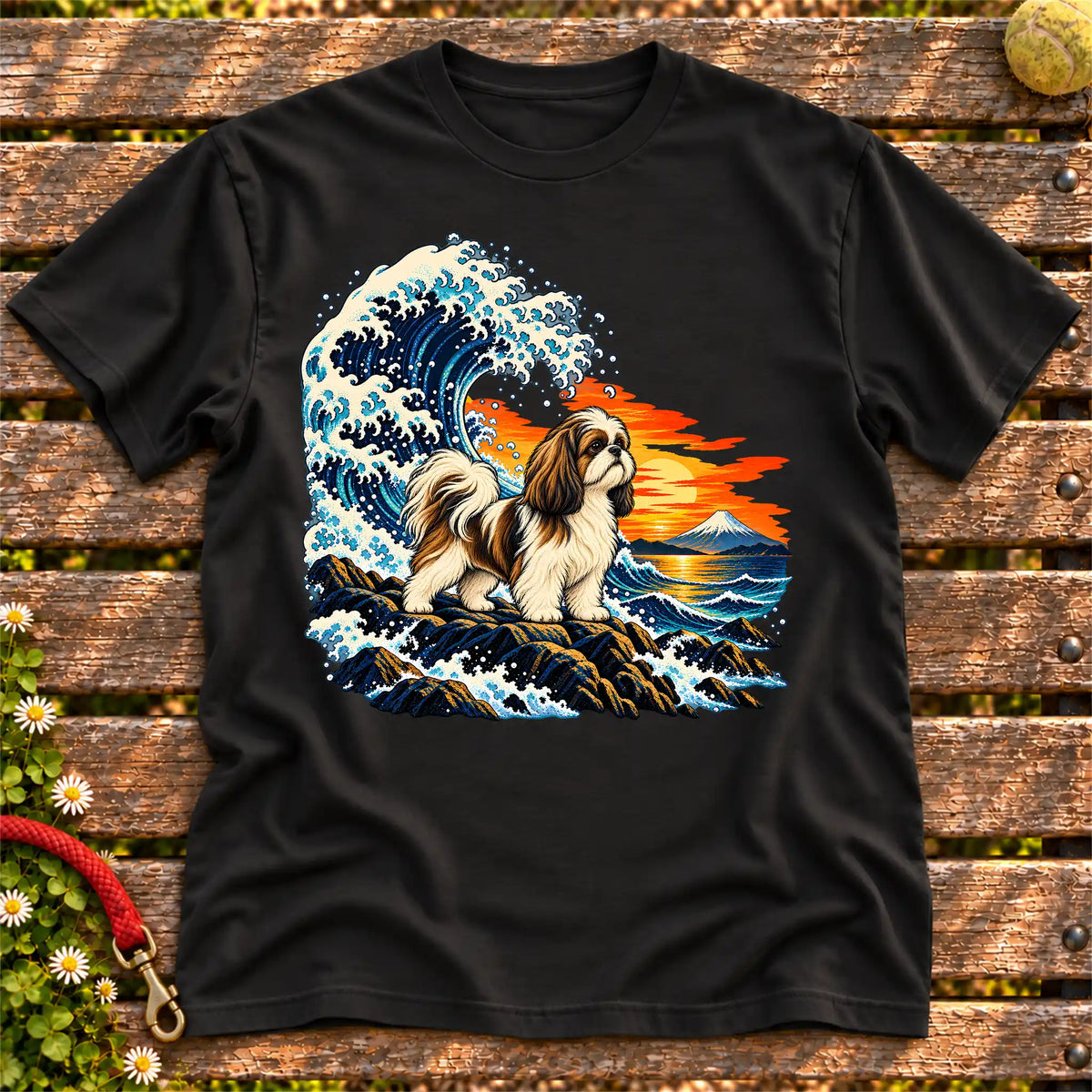 Shih Tzu dog with ocean waves, sunset and Mount Fuji on a Black Gildan T-shirt