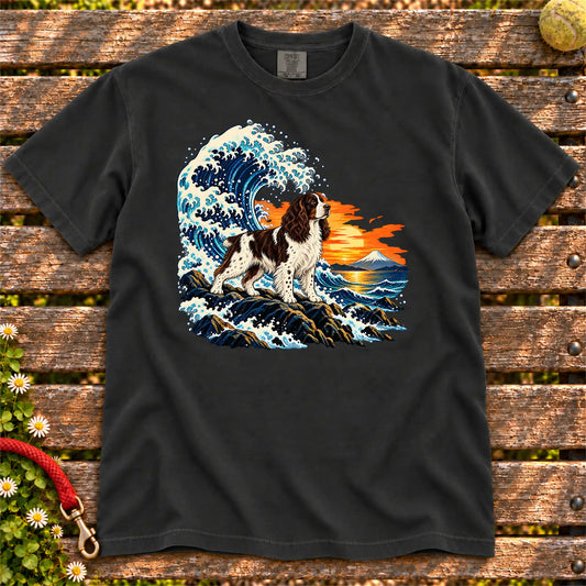 Springer Spaniel dog with ocean waves, sunset and Mount Fuji on a Black Comfort Colors T-shirt
