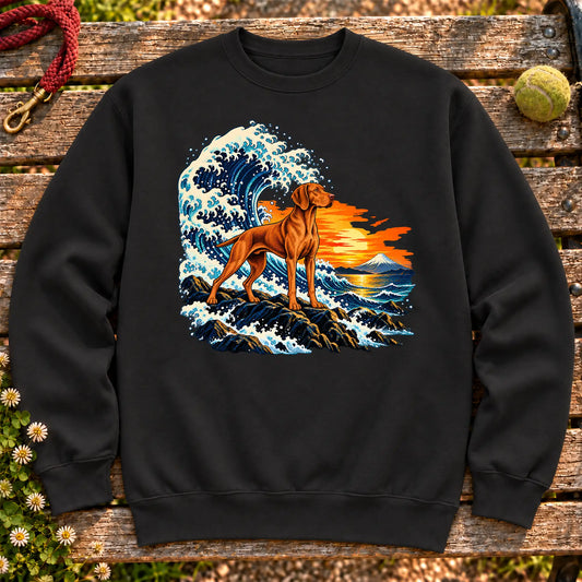 Vizsla dog with ocean waves, sunset and Mount Fuji on a Black Gildan crewneck sweatshirt