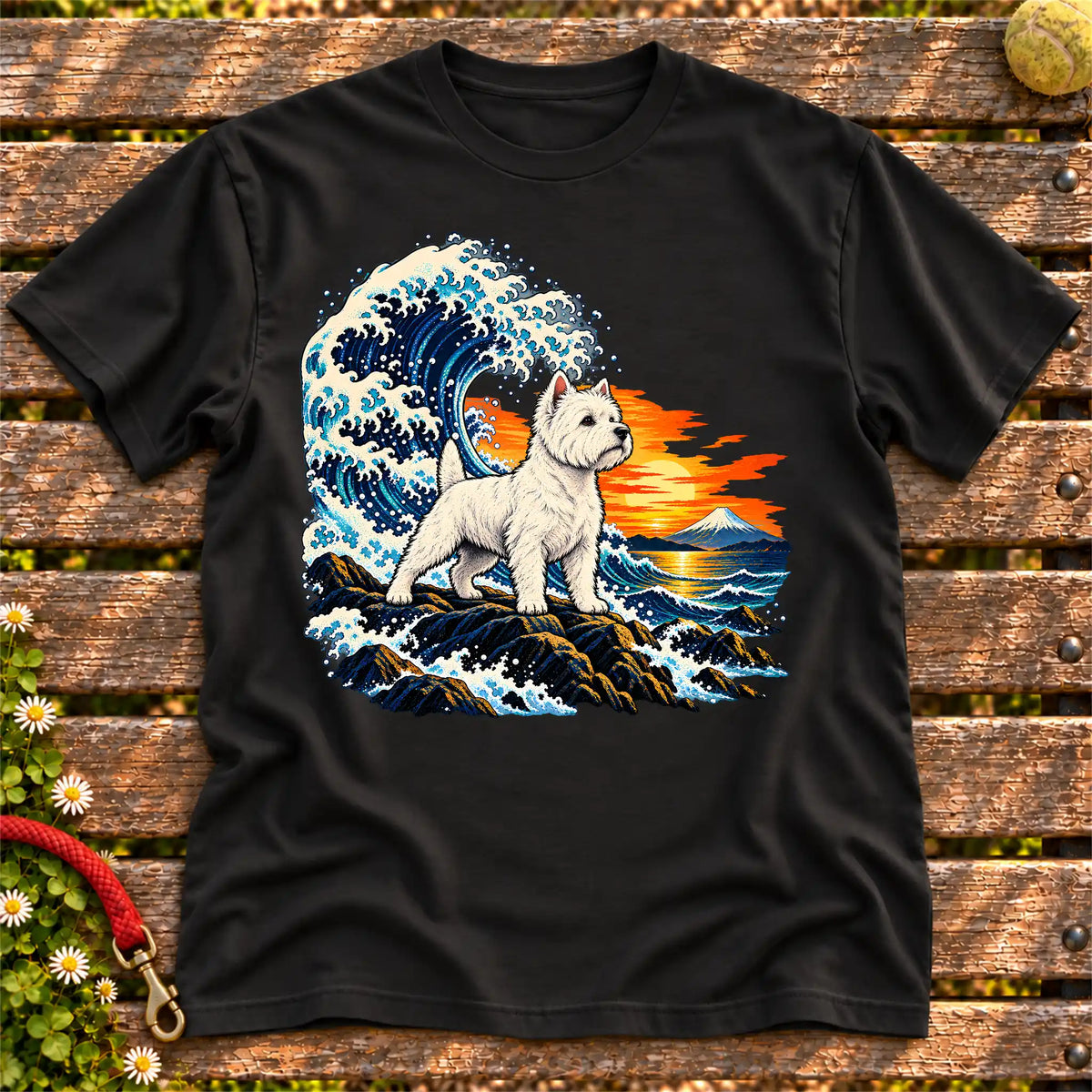 Westie dog with ocean waves, sunset and Mount Fuji on a Black Gildan T-shirt