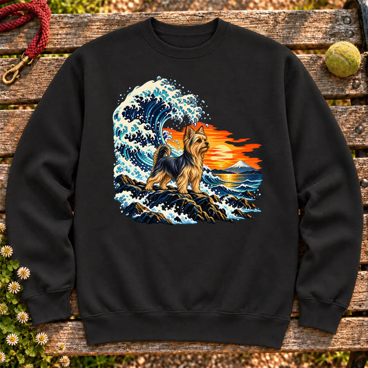 Yorkie dog with ocean waves, sunset and Mount Fuji on a Black Gildan crewneck sweatshirt