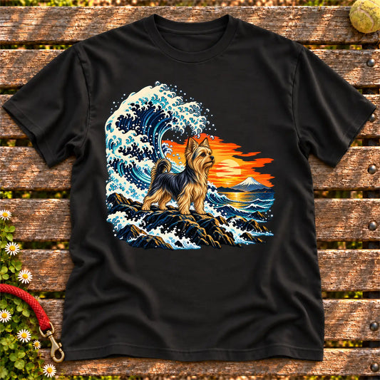 Yorkie dog with ocean waves, sunset and Mount Fuji on a Black Gildan T-shirt