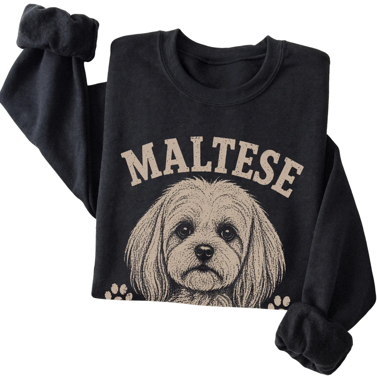 Black crewneck sweatshirt featuring Tiny, Polished & Totally In Charge - Maltese, folded presentation