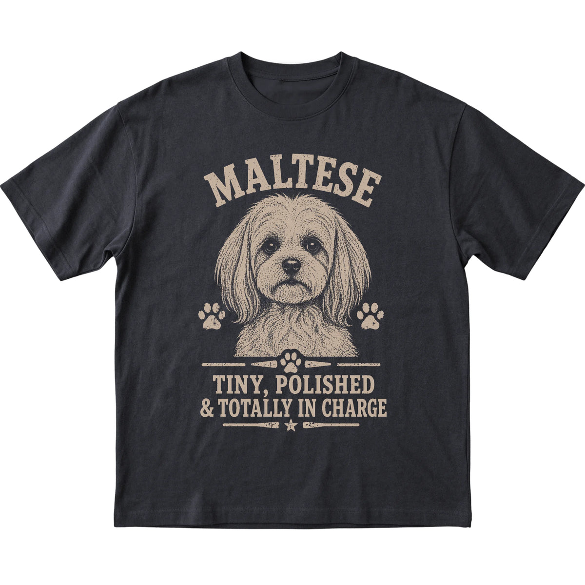 Black T-shirt featuring Tiny, Polished & Totally In Charge - Maltese, laid-flat presentation