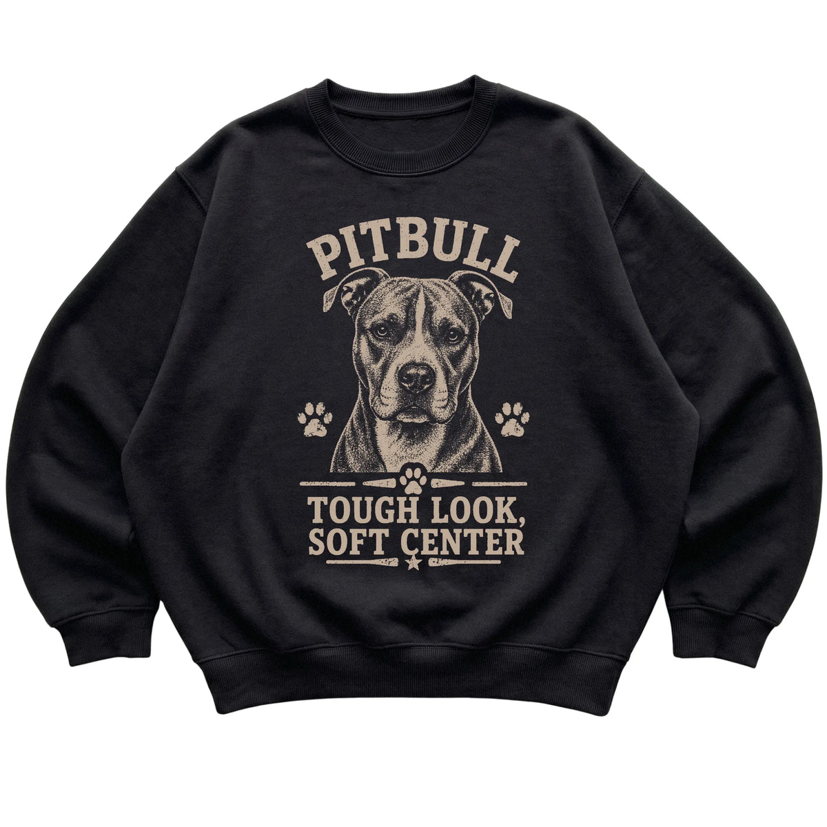 Black crewneck sweatshirt featuring Tough Look, Soft Center - Pitbull, laid-flat presentation