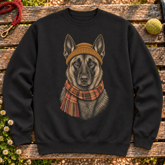 Black sweatshirt with vintage Belgian Malinois beanie-and-scarf portrait