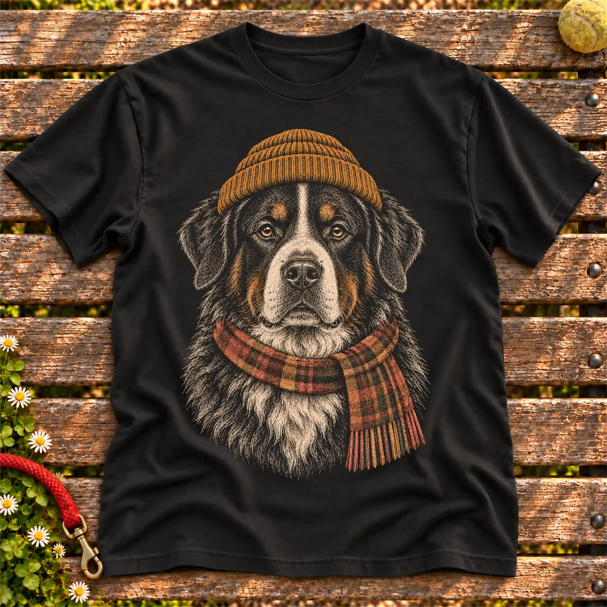 Black T-shirt with vintage Bernese Mountain Dog beanie-and-scarf portrait