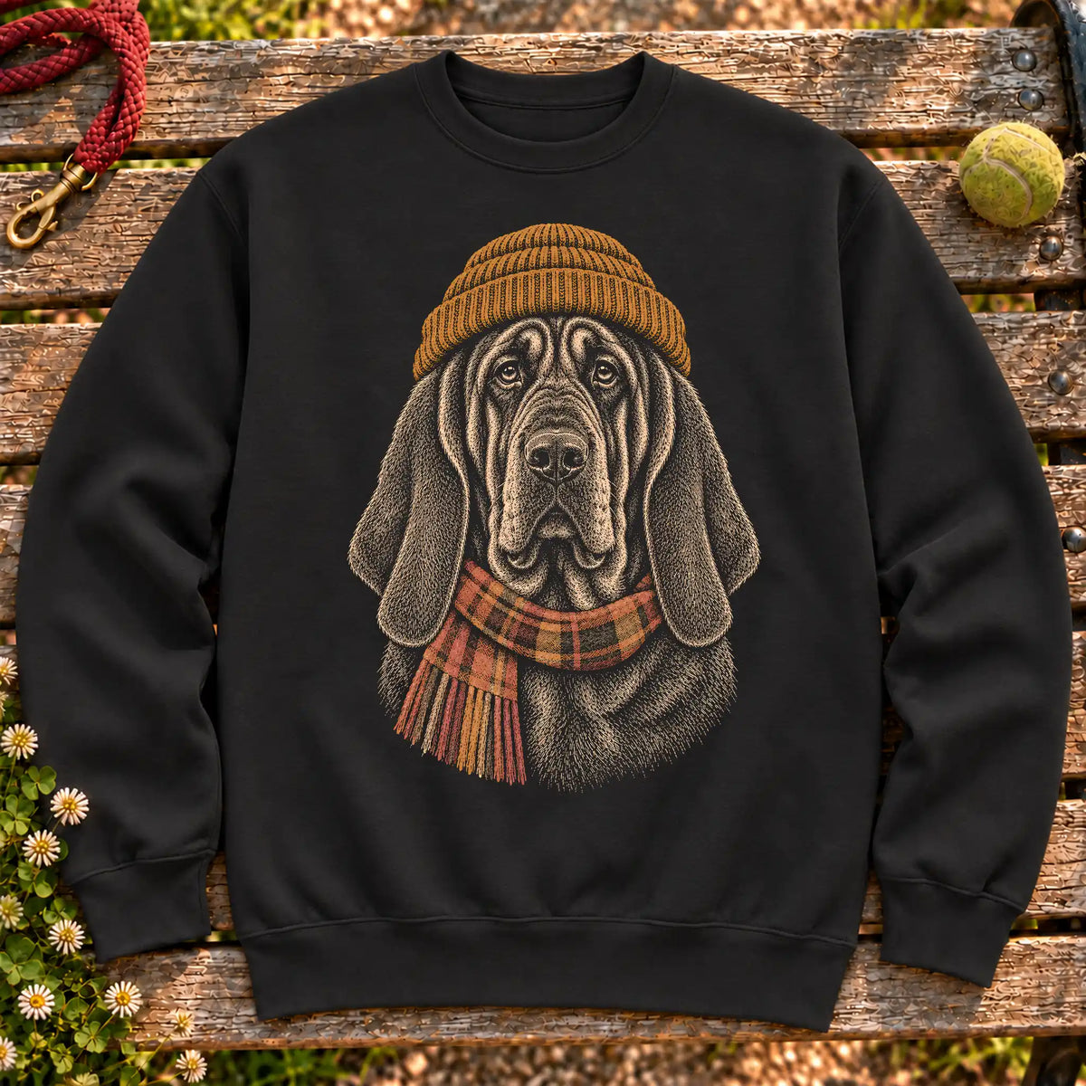 Black sweatshirt with vintage Bloodhound beanie-and-scarf portrait