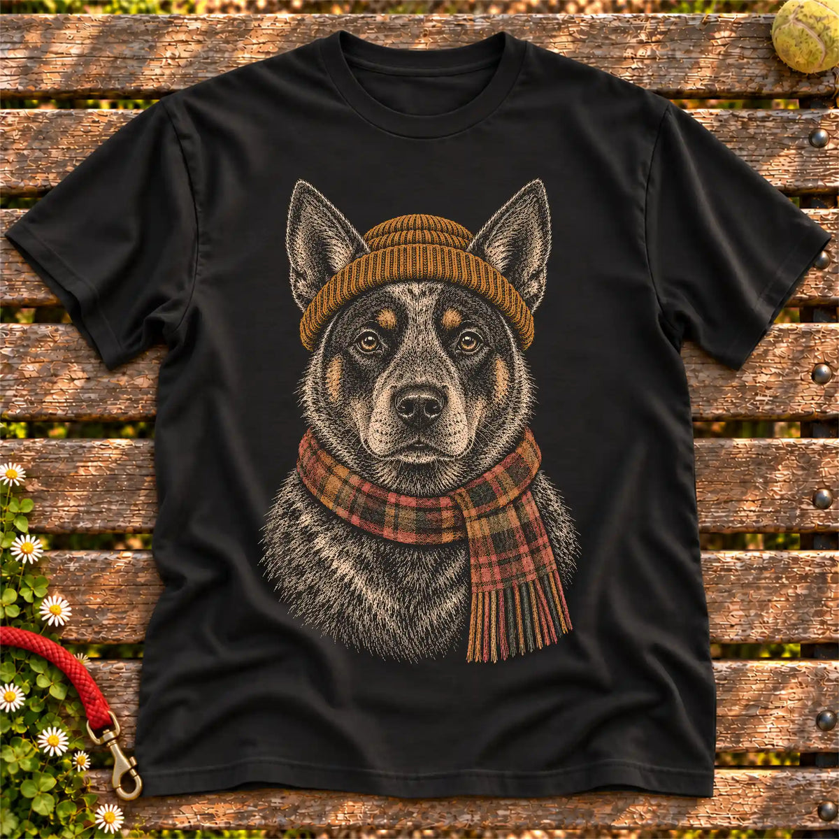 Black T-shirt with vintage Blue Heeler beanie-and-scarf portrait