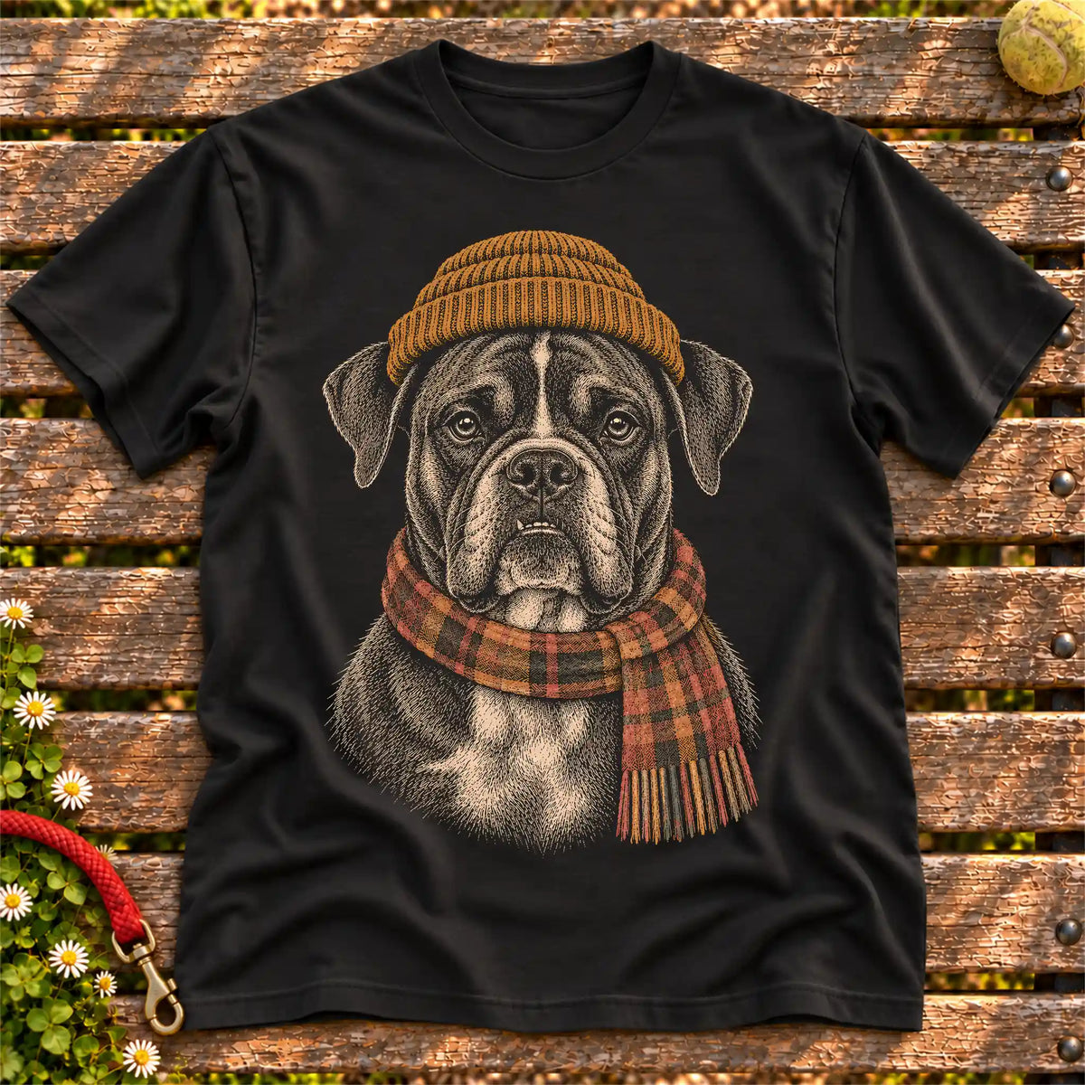 Black T-shirt with vintage Boxer beanie-and-scarf portrait