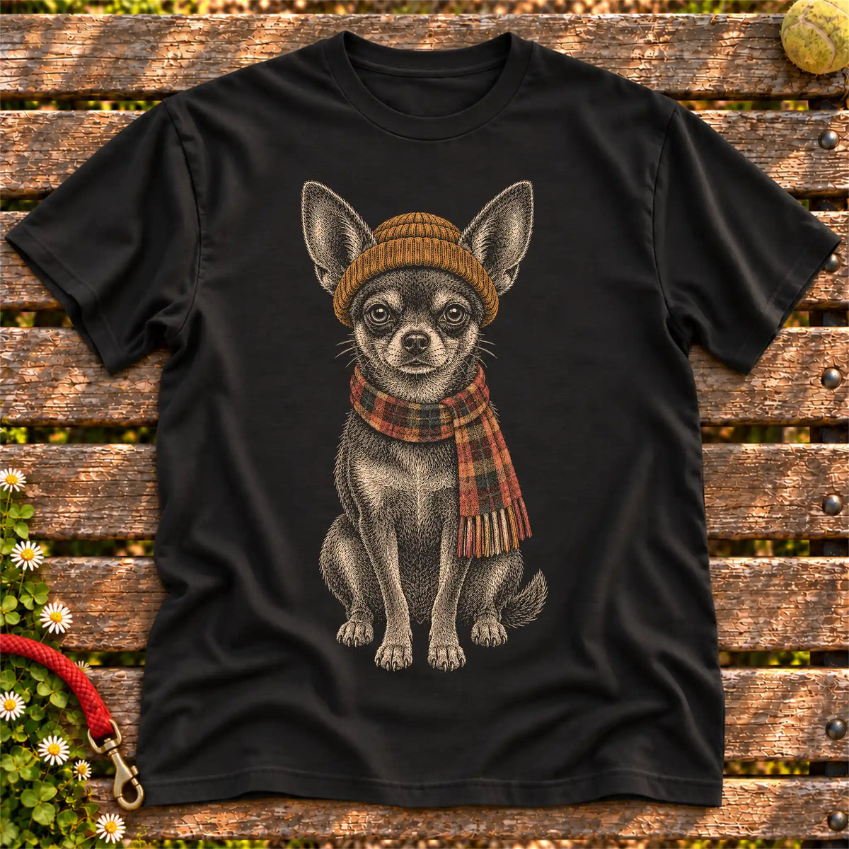 Black T-shirt with vintage Chihuahua beanie-and-scarf portrait