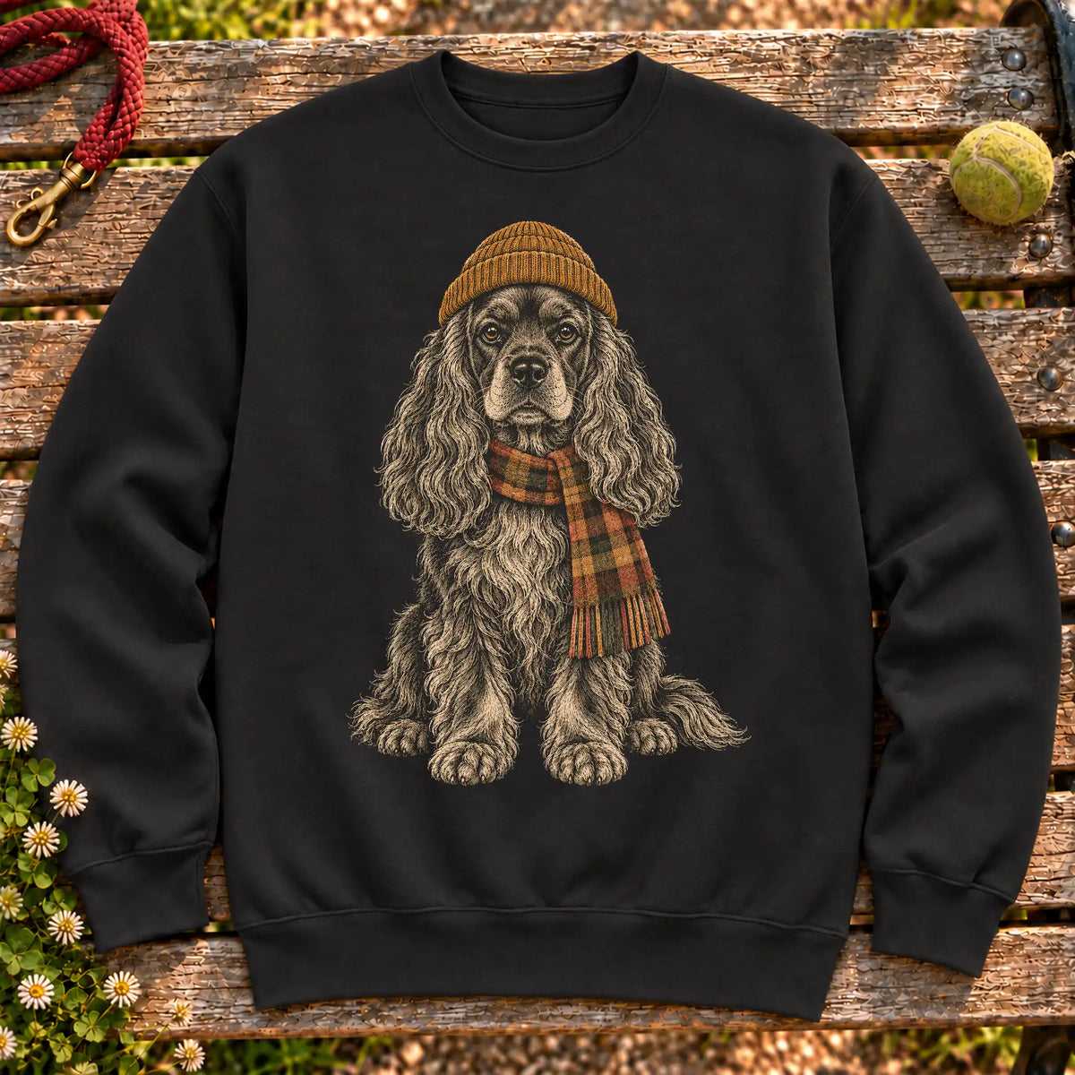 Black sweatshirt with vintage Cocker Spaniel beanie-and-scarf portrait