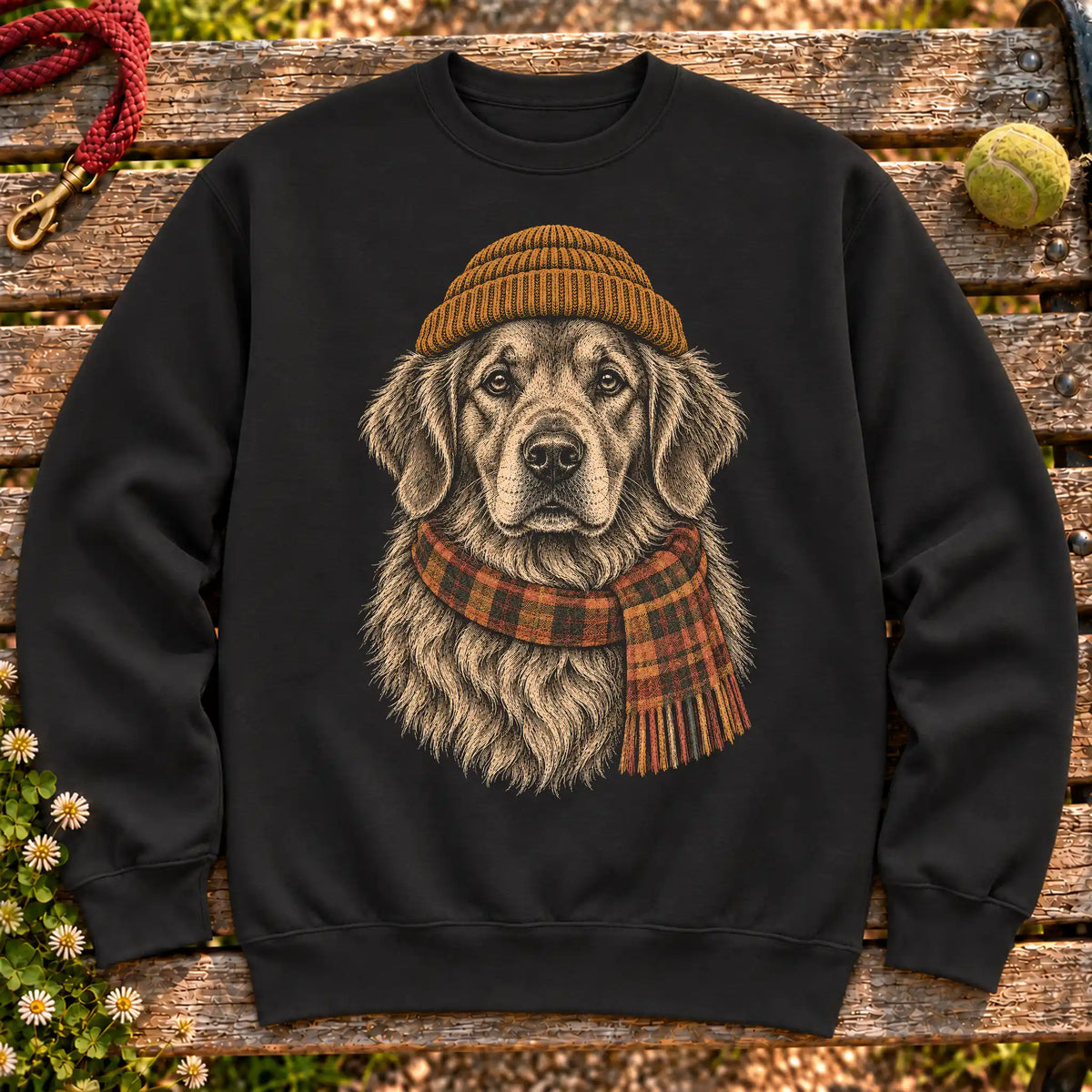 Black sweatshirt with vintage Golden Retriever beanie-and-scarf portrait