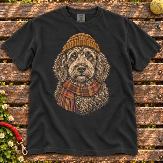 Black T-shirt with vintage Goldendoodle beanie-and-scarf portrait