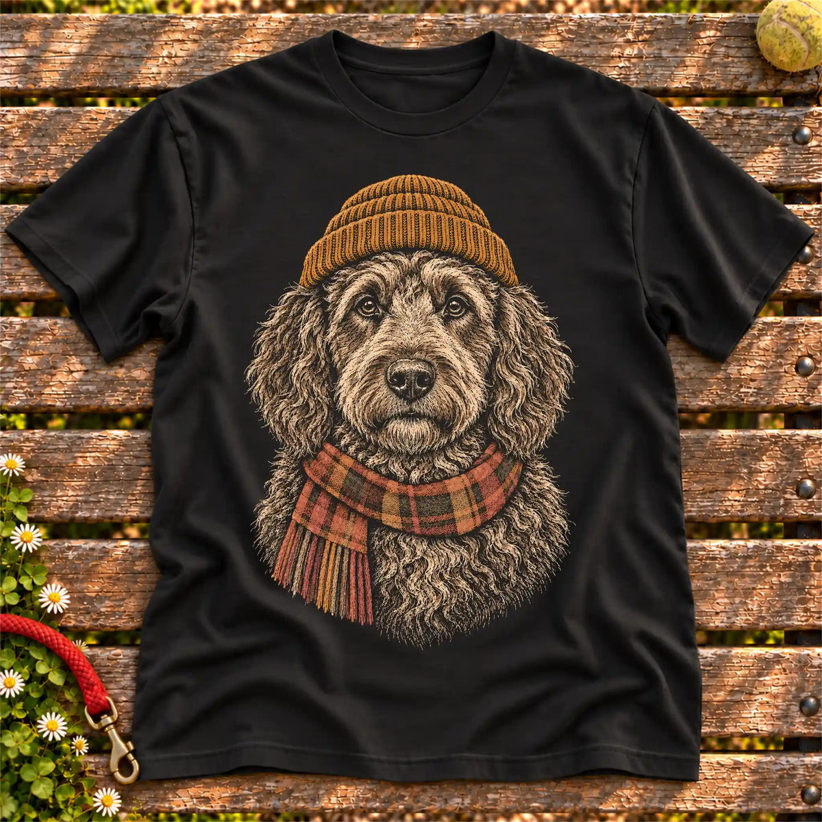 Black T-shirt with vintage Goldendoodle beanie-and-scarf portrait