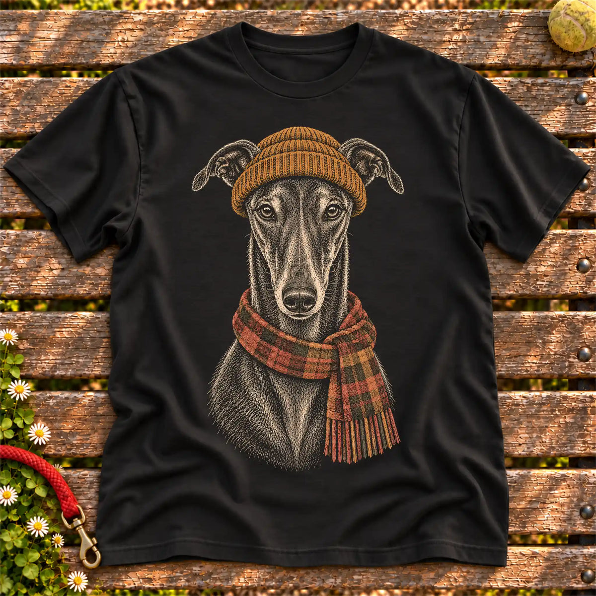 Black T-shirt with vintage Greyhound beanie-and-scarf portrait