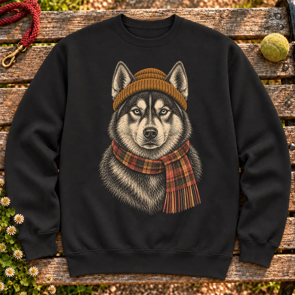 Black sweatshirt with vintage Husky beanie-and-scarf portrait