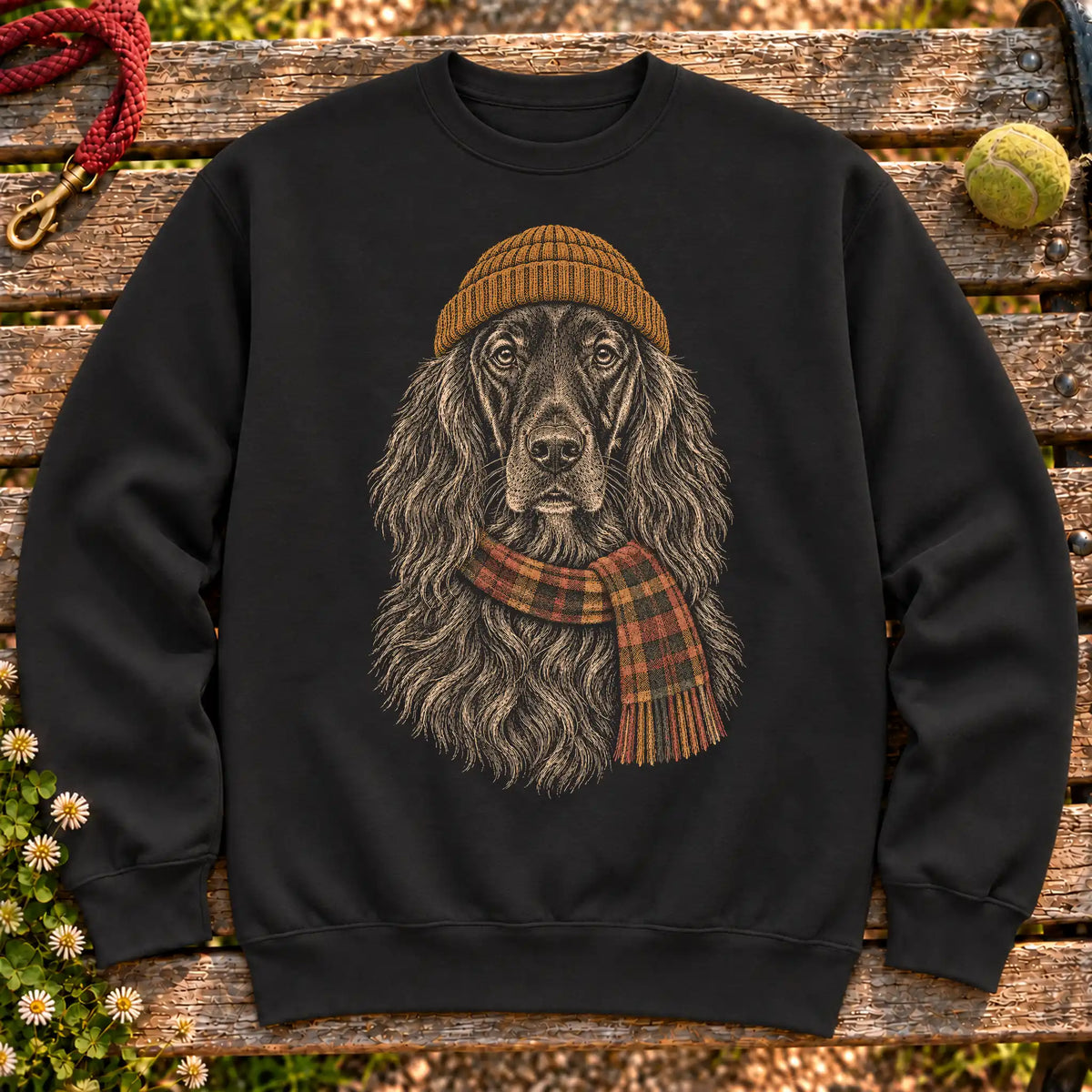 Black sweatshirt with vintage Irish Setter beanie-and-scarf portrait
