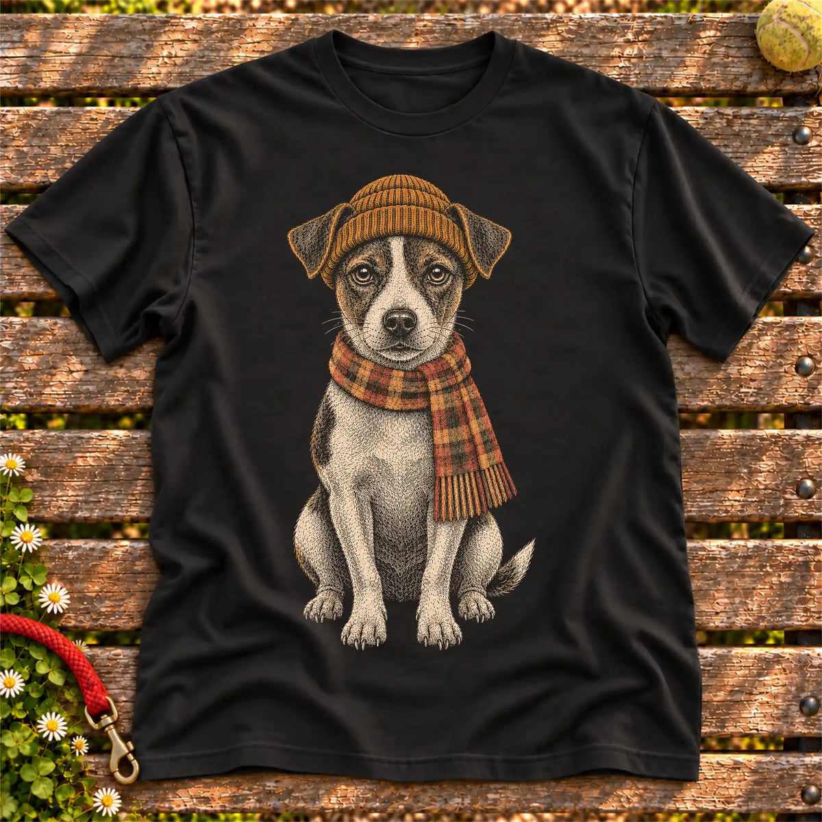 Black T-shirt with vintage Jack Russell beanie-and-scarf portrait