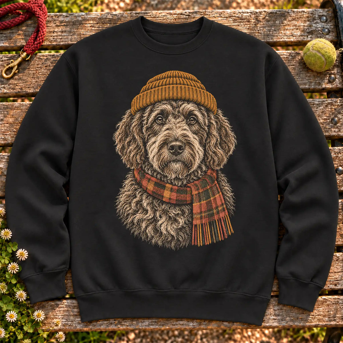 Black sweatshirt with vintage Labradoodle beanie-and-scarf portrait