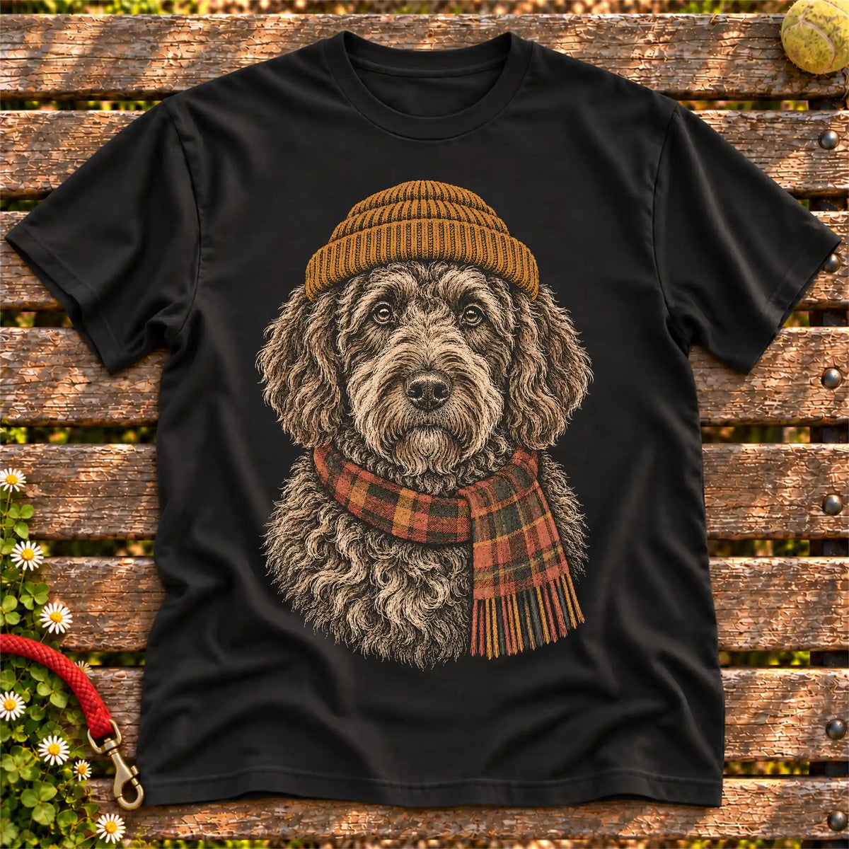 Black T-shirt with vintage Labradoodle beanie-and-scarf portrait