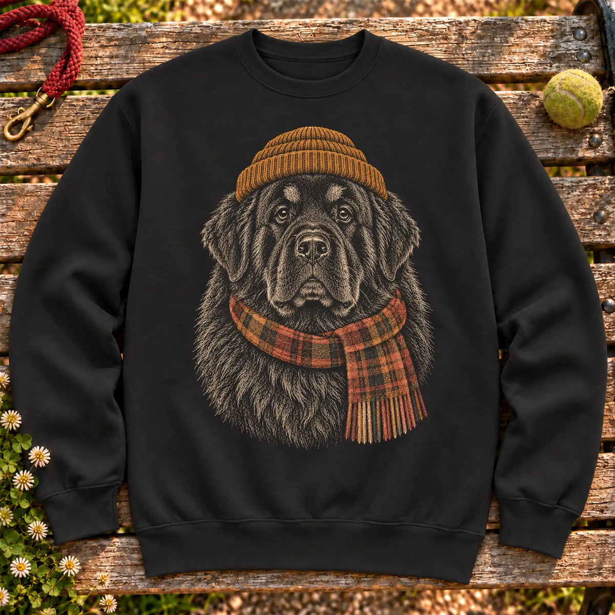 Black sweatshirt with vintage Newfie beanie-and-scarf portrait