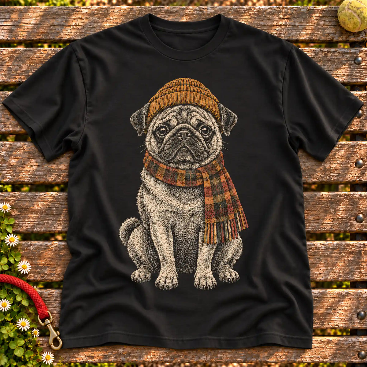 Black T-shirt with vintage Pug beanie-and-scarf portrait