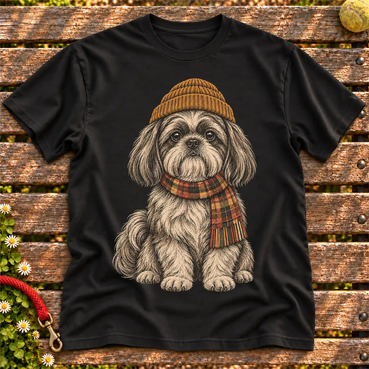 Black T-shirt with vintage Shih Tzu beanie-and-scarf portrait