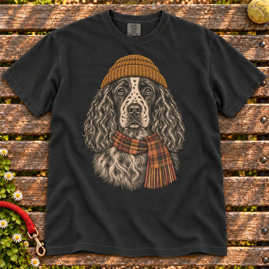 Black T-shirt with vintage Springer Spaniel beanie-and-scarf portrait