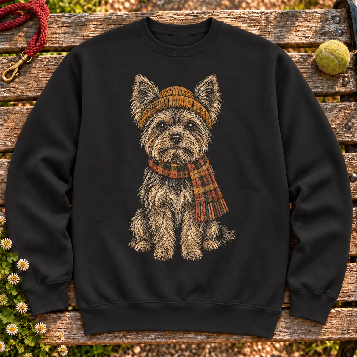 Black sweatshirt with vintage Yorkie beanie-and-scarf portrait