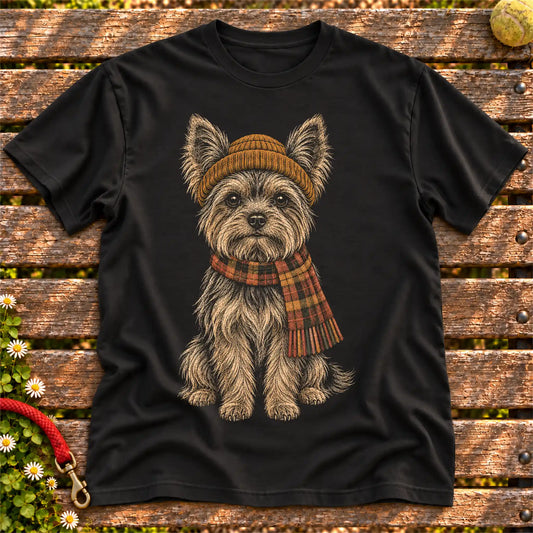Black T-shirt with vintage Yorkie beanie-and-scarf portrait