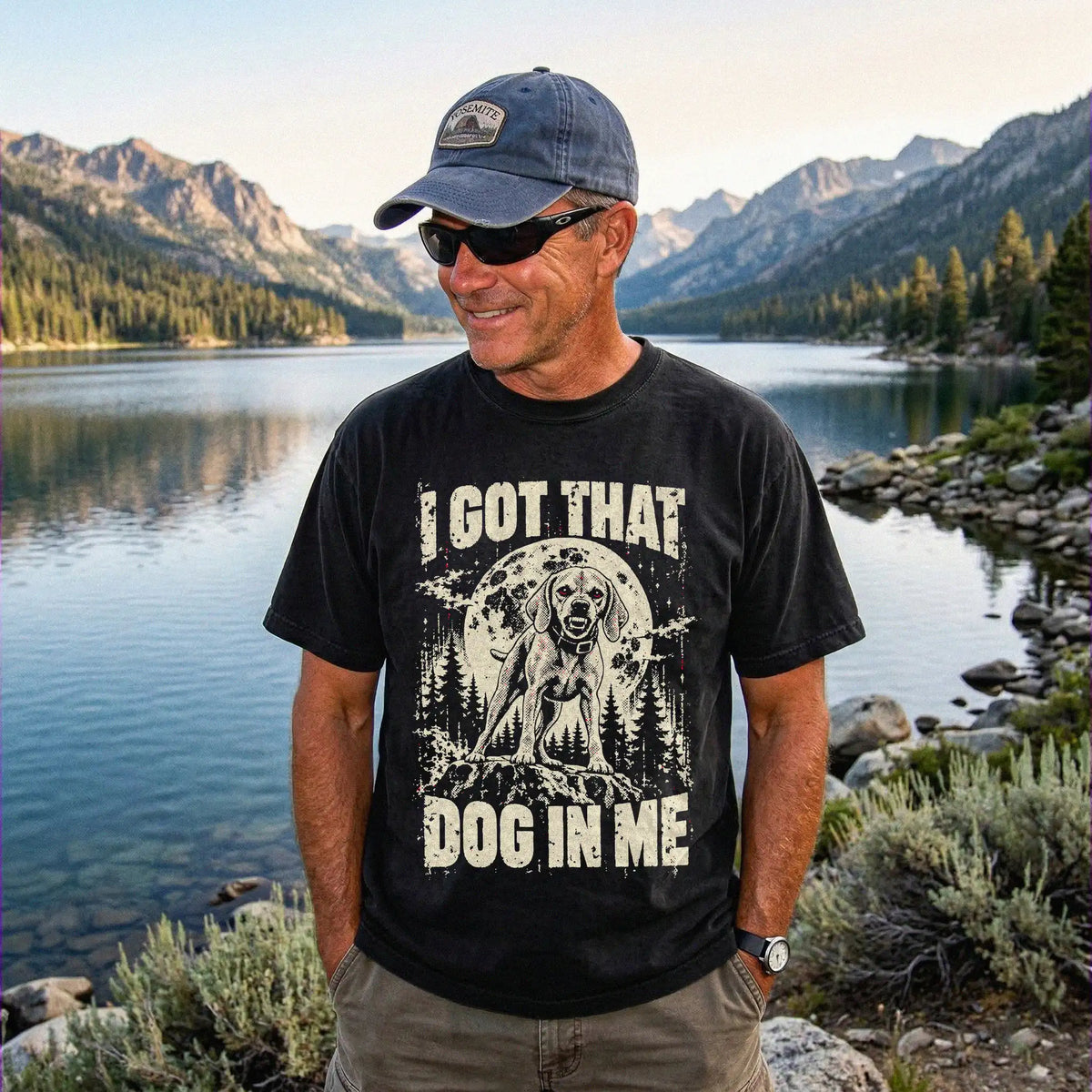 Black Vizsla I Got That Dog in Me T-shirt, worn by a model