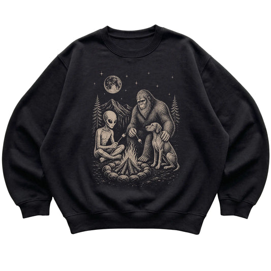 Black Vizsla Camping with Bigfoot and Alien shirt laid flat