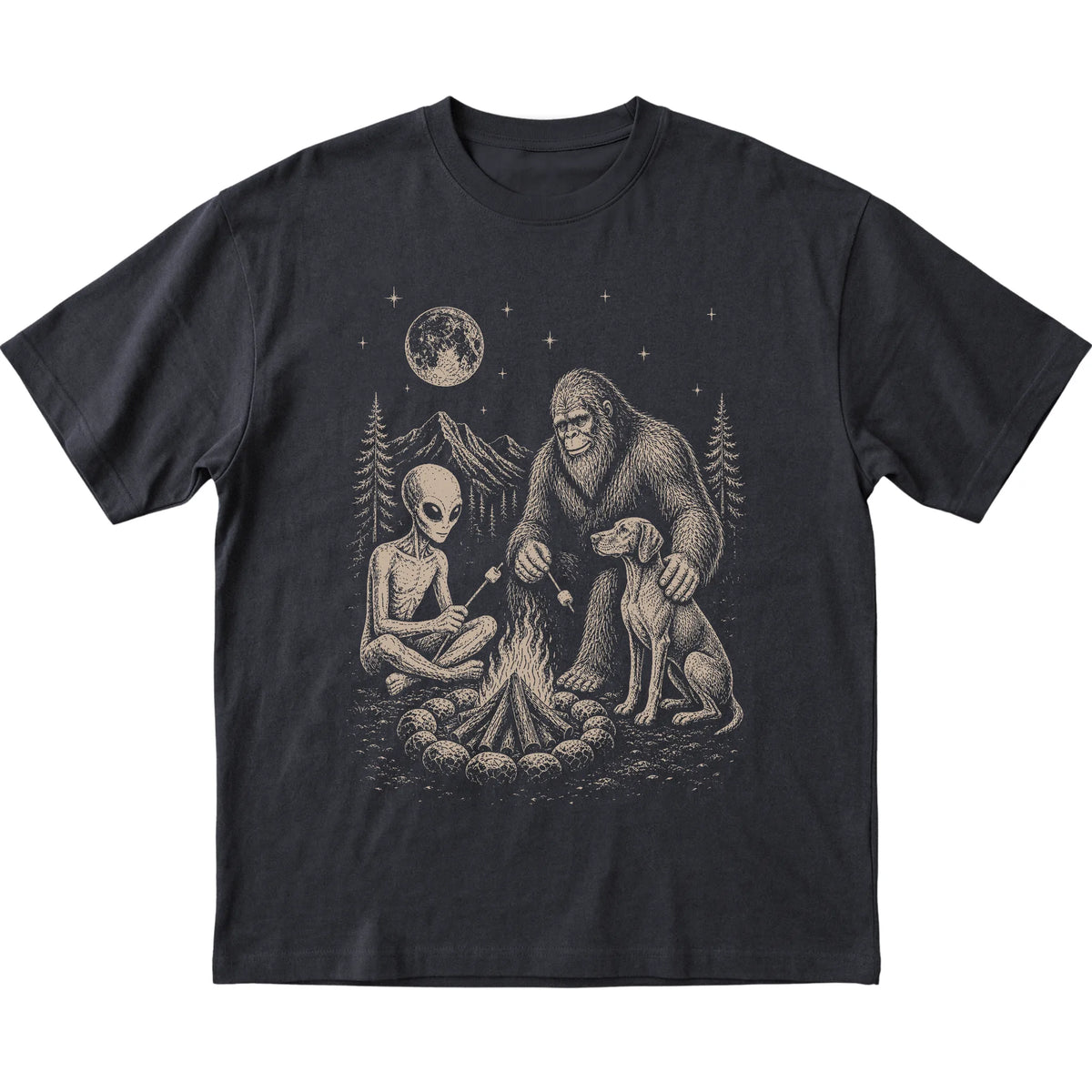 Black Vizsla Camping with Bigfoot and Alien shirt laid flat