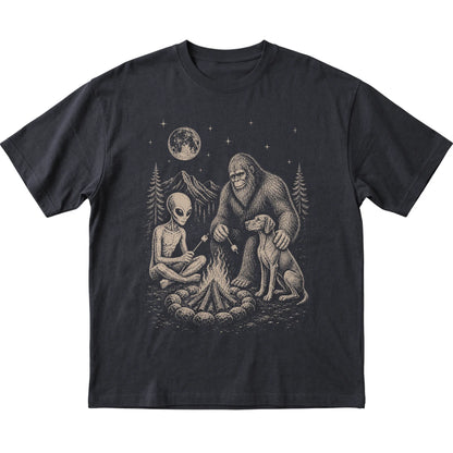 Black Vizsla Camping with Bigfoot and Alien shirt laid flat