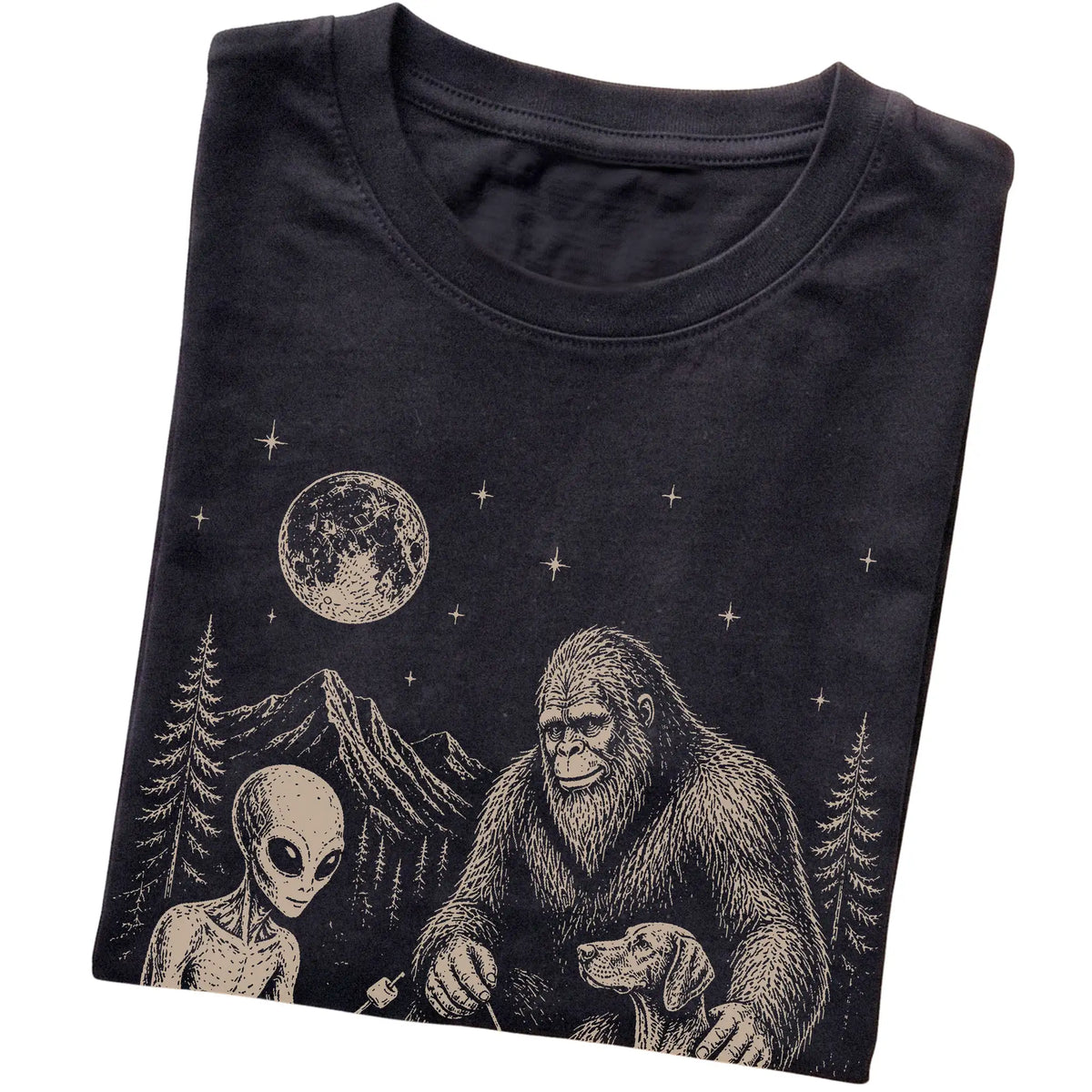 Black Vizsla Camping with Bigfoot and Alien folded detail view