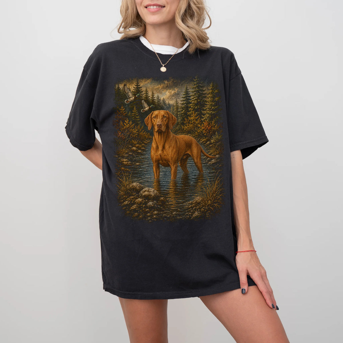 Woman wearing a Black Vizsla Duck Hunting T-Shirt