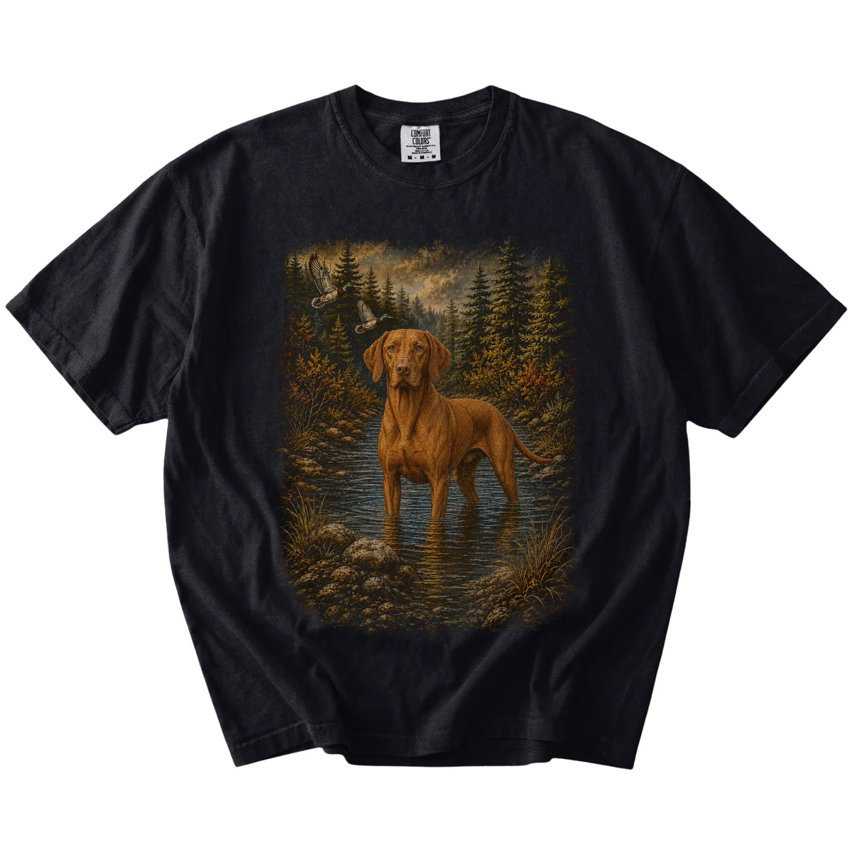 Black Vizsla Duck Hunting T-Shirt laid flat