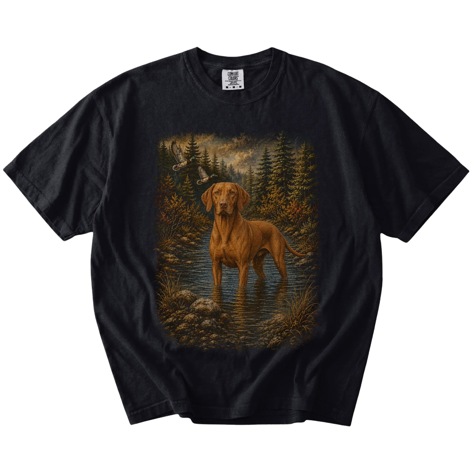 Black Vizsla Duck Hunting T-Shirt laid flat