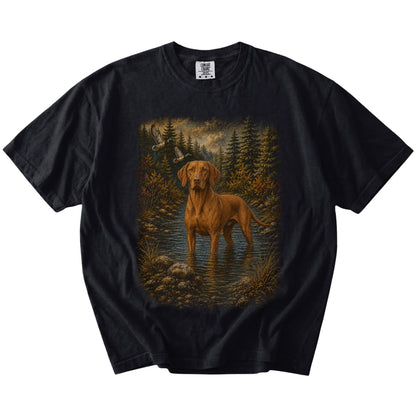 Black Vizsla Duck Hunting T-Shirt laid flat