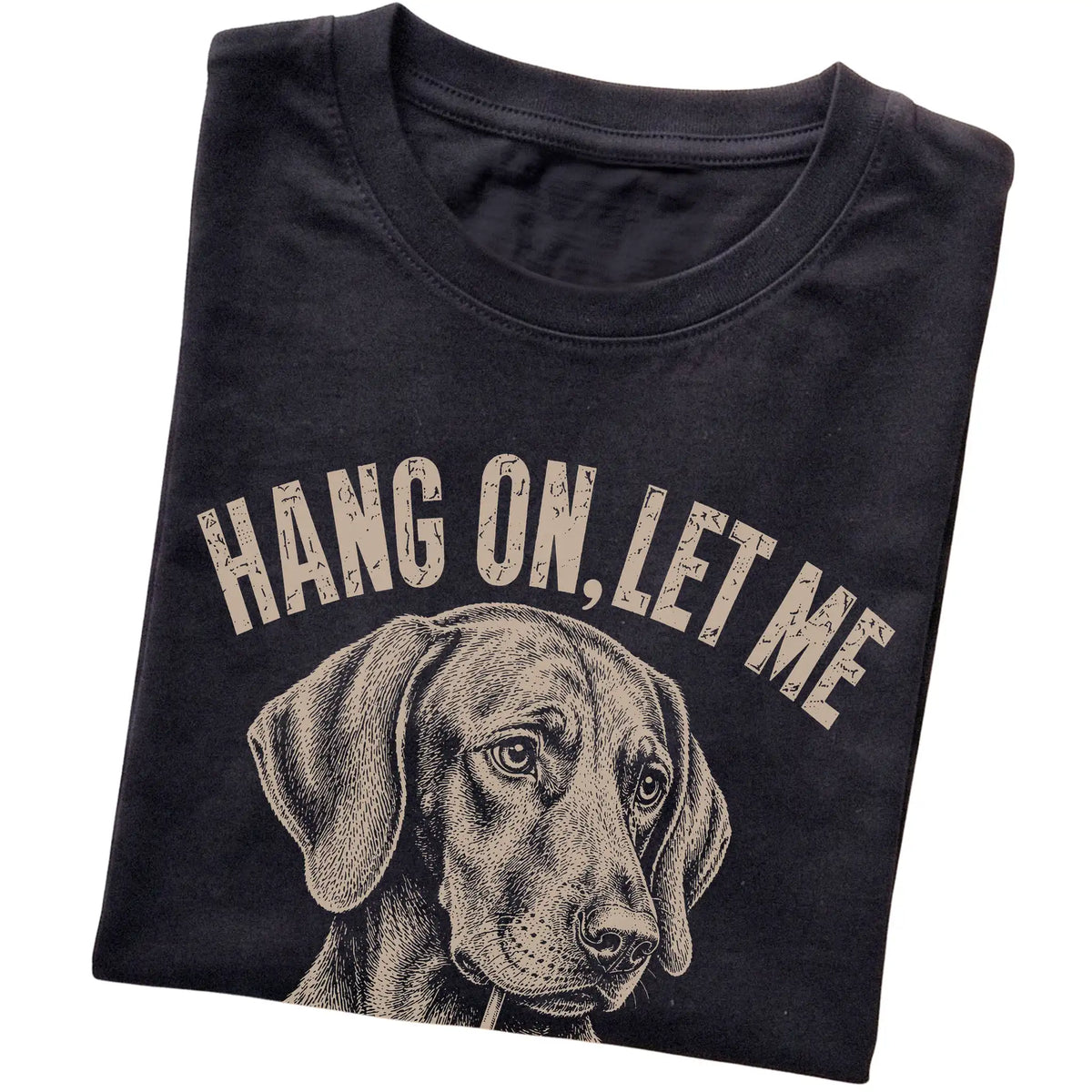 Black T-shirt featuring Overthinking Vizsla, folded presentation