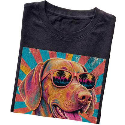 Folded Black softstyle T-shirt with a Retro Vizsla Mama design